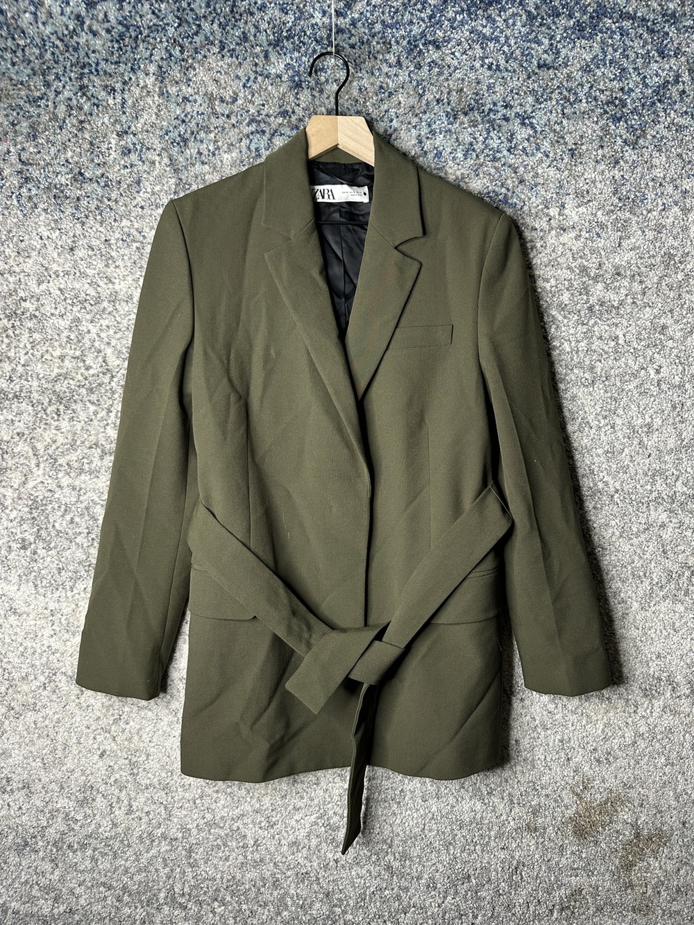 Zara Blazer Womens XS Green Belted Lined Notch Lapel Tailored Jacket Spain